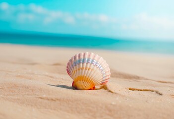 Obraz premium A seashell resting on the sandy beach with the ocean and sky in the background on a bright sunny day