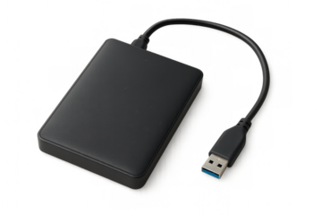 Black external hard drive with usb 3.0 cable isolated on transparent background, storing and transferring data