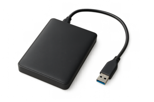 Black external hard drive with usb 3.0 cable isolated on transparent background, storing and transferring data