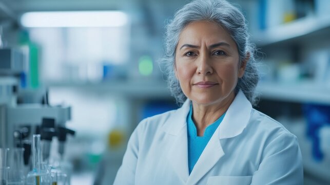 A confident middle-aged Hispanic woman in a lab coat stands in a modern laboratory, showcasing her expertise and dedication to scientific research and innovation.