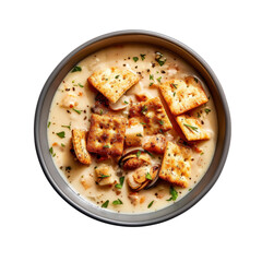 Creamy soup with crackers, garnished with herbs, served in round bowl, showcasing comforting and hearty meal