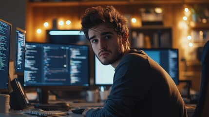 A young male software engineer sits at his desk, concentrating on coding in a modern office filled with technology and ambient lighting.