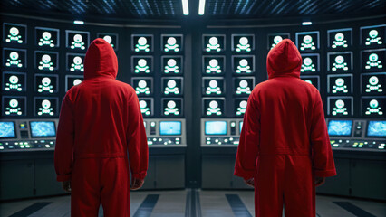 Two individuals in red hooded jumpsuits face a wall of screens displaying skull and crossbones symbols in a dark, high-tech control room.