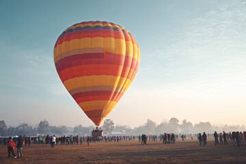 Obraz premium Hot air balloon launching from a field, crowd watching from a distance, clear sky with generous