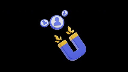 4K Video Greenscreen 3D illustration of a blue magnet attracting profile icons, ideal for social media marketing campaigns or HR recruitment websites.
