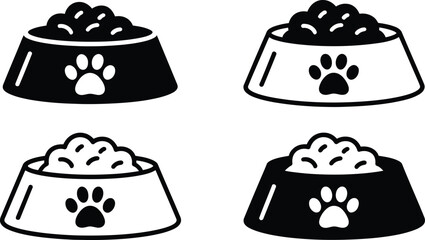 Four bowls of pet food with paw prints in black and white illustration