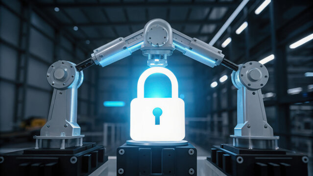 OT security defense. Two robotic arms hold a glowing padlock symbolizing cybersecurity and protection in a high-tech industrial environment. - Powered by Adobe