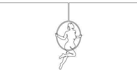Continuous one line drawing Circus artist with a hoop. Beautiful equilibrist under the circus dome. Circus performance. One continuous line isolated minimal illustration.Not AI.