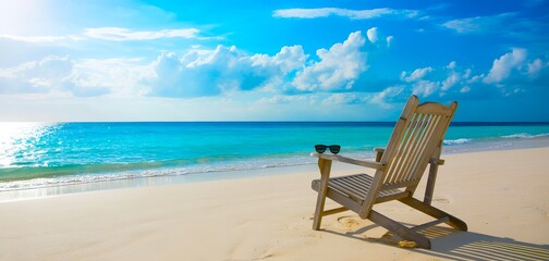 Beach chair and sunglasses on a sandy beach with turquoise water under a bright blue cloudy sky view scene