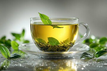 A glass cup of green tea with a white background, no shadow or reflection on the surface of the transparent tea cup. 