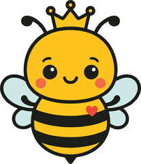 Cute Cartoon Queen Bee with Crown and Heart – Kawaii Vector Illustration for Kids and Stickers