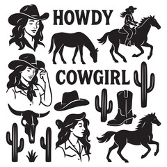Western vector graphic set featuring cowgirls, horses, cacti, skulls, hats, boots, and "Howdy" & "Cowgirl" typography. 
Perfect for stickers, t-shirt designs vector silhouette
