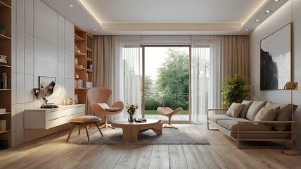 Compact modern interior, space-saving design, elegant furniture, light palette, 3D render