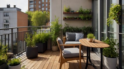 Fototapeta premium Compact terrace on apartment balcony, efficient layout, cozy corners
