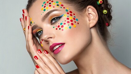 Closeup Portrait of a Woman with Colorful Polka Dot Makeup,  Creative makeup look with polka dots and glossy red lips