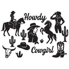 Western vector graphic set featuring cowgirls, horses, cacti, skulls, hats, boots, and "Howdy" & "Cowgirl" typography. 
Perfect for stickers, t-shirt designs vector silhouette