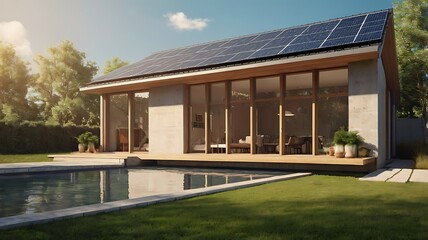 Fototapeta premium Concept 3D render of modern eco-friendly home with solar panels, sunny afternoon