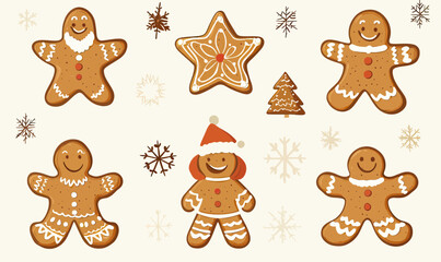 Set of smiling gingerbread cookies including gingerbread men with icing details, star and Christmas tree shapes with snowflake background in flat vector style holiday sweets illustration