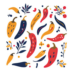 Colorful stylized chili peppers and decorative leaves vector illustration with red, orange, navy blue accents isolated on white background for cooking and food design