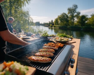 Outdoor grilling by a lake