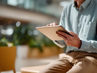 elegant person building augmented model on tablet in office corner
