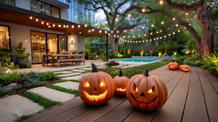 Outdoor Halloween display with pumpkins