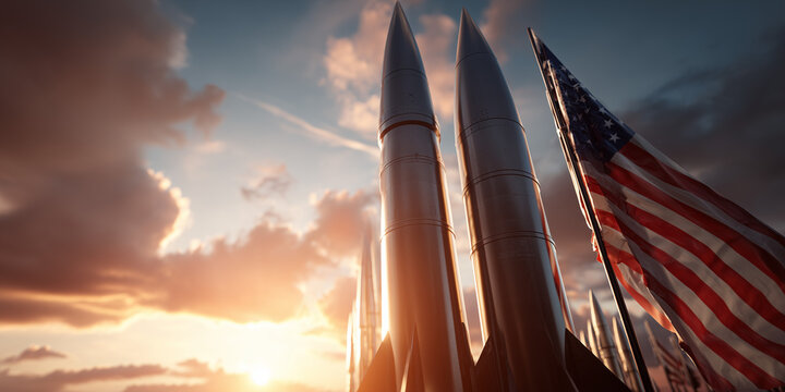 Strategic missiles concept on USA flag at the sky at sunset. Missile defense