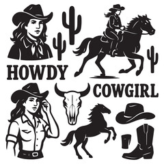 Western vector graphic set featuring cowgirls, horses, cacti, skulls, hats, boots, and "Howdy" & "Cowgirl" typography. 
Perfect for stickers, t-shirt designs vector silhouette