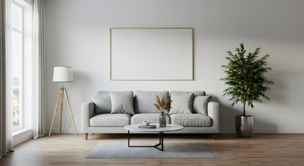 Modern Living Room Interior Design Minimalist Sofa, Blank Canvas, and Natural Elements