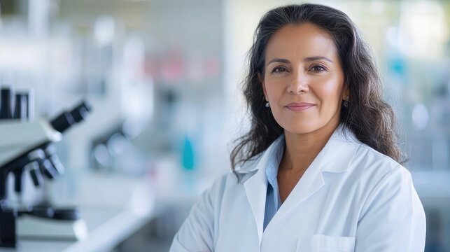 A confident middle-aged Hispanic woman in a lab coat poses in a modern laboratory. She embodies professionalism and expertise in scientific research and healthcare.