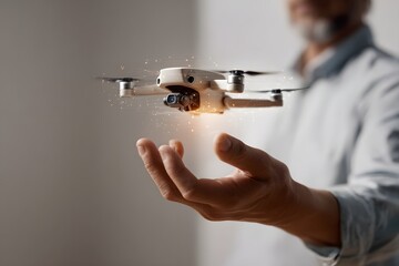 elegant man operating smart drone via ar interface indoors