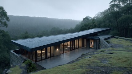 A contemporary hillside home with expansive horizontal glazing dark slate roofing overlooking a rain-soaked forest edge lit with