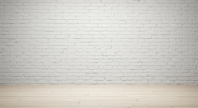Fototapeta Bright interior with white brick wall and light wooden floor