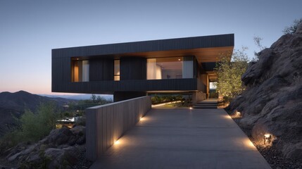 A contemporary hillside home cantilevered volcanic rock terrain with dark ash textures glowing pathway lights shot at dusk