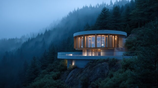 A contemporary hillside home with a circular meditation atrium framed in timber linen perched on a terraced platform