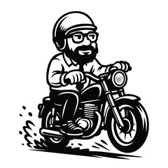 Cool Bearded Man Riding Classic Motorcycle in Black and White Vector Style.eps