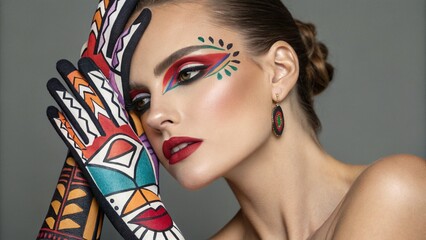 Closeup Portrait of a Woman with Colorful Polka Dot Makeup,  Creative makeup look with polka dots and glossy red lips