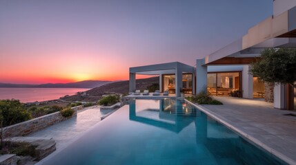 Fototapeta premium A contemporary hillside residence with an open-air courtyard infinity pool overlooking a coastal landscape captured during sunset with