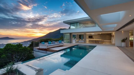 A contemporary hillside residence with an open-air courtyard infinity pool overlooking a coastal landscape captured during sunset with