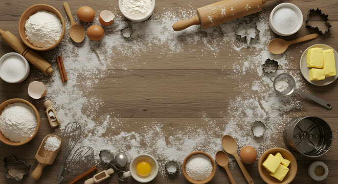 Baking Ingredients and Tools Flat Lay Flour, Eggs, Butter, Sugar, and More