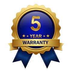 Gleaming emblem showcasing a robust five-year warranty, presented on a vibrant blue badge with gold accents and elegant ribbon details against a black backdrop, transparent background