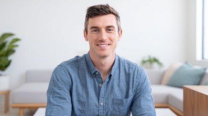 Fototapeta premium A friendly man dressed in a blue shirt sits in front of the camera in a bright minimalist living room
