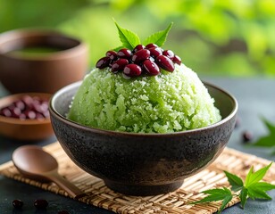 日本の夏を彩る涼やかな一杯。抹茶シロップが香るかき氷に、つやつやの小豆を添えた伝統的な和スイーツ