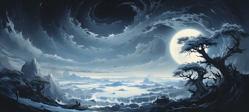 pop surreal unreal silhouettes spiral towards white walker,ai generatif