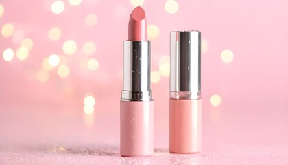 Pink Glitter Lip Gloss with Water Drops on Pastel Background