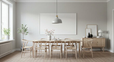 Modern dining room interior with wooden table and chairs