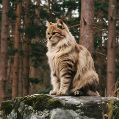 Obraz premium A large forest cat with ears adorned with pom-poms is sitting on a branch