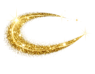Curved Gold Glitter Trail with Sparkling Star Flare Side Sweep Composition isolated on transparent background PNG