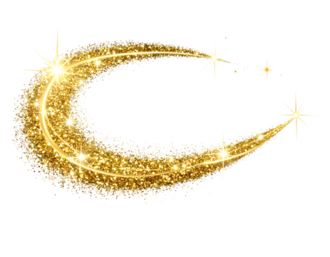Curved Gold Glitter Trail with Sparkling Star Flare Side Sweep Composition isolated on transparent background PNG