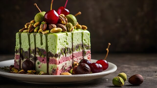 Colorful Spumoni Ice Cream Scoop with Pistachio, Cherry, Chocolate Layers, Nuts, and Cherries for National Spumoni Day